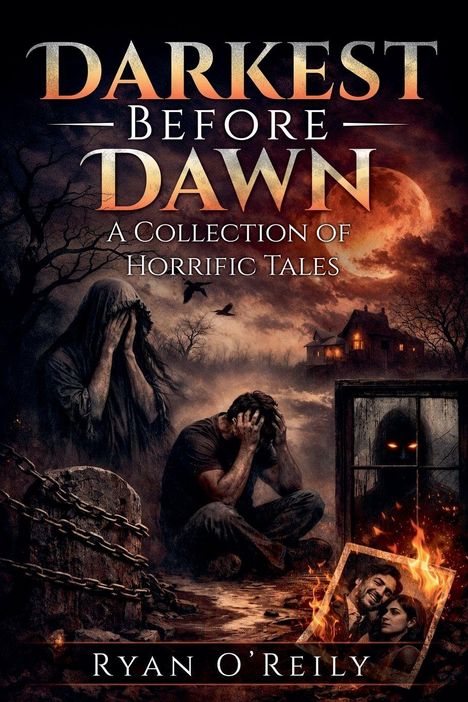 "DARKEST BEFORE DAWN: A Collection of Horrific Tales" von Ryan O'Reily. Illustration zeigt verzweifelte Menschen, düstere Szene.