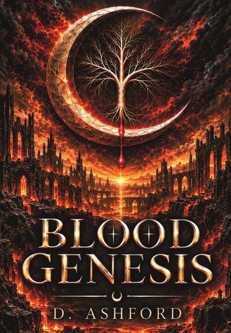 "Blood Genesis, D. Ashford". Eine feurige, apokalyptische Szenerie mit gotischen Ruinen und einem leuchtenden Baum im Halbmond.