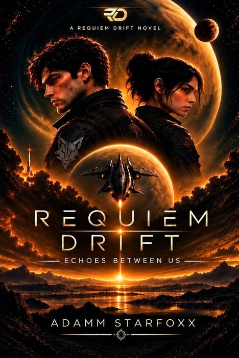 „Requiem Drift: Echoes Between Us“ von Adamm Starfoxx. Raumlandschaft, zwei Personen in Anzügen, Raumschiff.