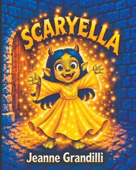 "SCARYELLA" oben, "Jeanne Grandilli" unten. Eine fröhliche, grüne Figur mit Hörnern in einem leuchtenden Kleid.