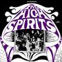 "The High Spirits" in lila Buchstaben in Pilzform, darunter ein Schwarz-Weiß-Foto einer Gruppe, umgeben von abstrakten Mustern.