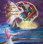 Eine bunte Zeichnung zeigt eine Person vor einem psychedelisch gestalteten Kopffisch in einer surrealen Landschaft.