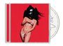Ein CD-Cover mit rotem Hintergrund zeigt eine nackte Person mit Helm, die den Körper verdeckt. Ein CD-Booklet ist sichtbar.