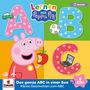 Text: "Lernen mit Peppa Pig", "Das ganze ABC in einer Box", "Kleine Geschichten zum ABC", "Deutsch", "8 CDs". Peppa Pig hält einen Apfel vor buntem Hintergrund.