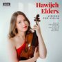 „Hawijch Elders, Visions for Violin; Bach, Paganini, Ysaÿe, Kreisler, Ernst, Vacchi.“ Frau in rotem Kleid mit Geige.