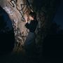 Eine Person steht an einem mit Graffiti bedeckten Baum; umgeben von nächtlicher Dunkelheit.