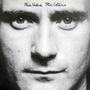 Text: "Face Value Phil Collins". Nahaufnahme eines Gesichts, schwarz-weiß, zeigt stirnrunzelnde Augen und einen neutralen Ausdruck.