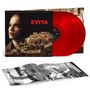 "EVITA" in roter Schrift auf einem Albumcover, darunter Menschenmengen mit Schildern. Zwei rote Schallplatten und ein Booklet.