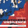 RICHARD CAMERON-WOLFE BREATHLESS/UNSILENCE. Abstrakte Kunst in Blau, Rot, Weiß und Schwarz mit Logo am unteren Rand.