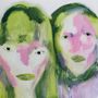 Zwei abstrakte Gesichter mit grünen und rosa Farbtönen, reduzierten Details und expressiven Pinselstrichen.