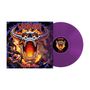 Text: "Whiplash" und "Roar". Illustration eines Stier-Schädels in Flammen mit Menschen drumherum. Lila Vinyl-Schallplatte.