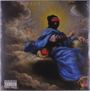 Ein Gemälde zeigt eine Person auf Wolken, bekleidet mit blauen Gewändern und einem schwarzen Gesichtsschutz. Parental Advisory unten.
