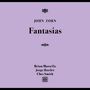 "John Zorn Fantasias" und unten "Brian Marsella, Jorge Roeder, Ches Smith" auf hellviolettem Hintergrund mit Verzierungen.