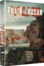 "TRAIN TO BUSAN" in großen Buchstaben. Ein handhältiges Buch ist mit Blutflecken bedeckt. Gesicht in Nahaufnahme.