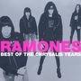 Text: "RAMONES BEST OF THE CHRYSALIS YEARS." Vier Personen in Lederjacken stehen frontal und leicht abgewandt. Schwarz-Weiß-Stil.