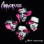 "Anacrusis" oben, "Manic Impressions" unten; vier Gesichter in zersprungenen, rosafarbenen Fragmenten.