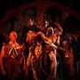 Eine Gruppe von Menschen in rustikalen, tribal aussehenden Kostümen, umgeben von dunklem, mystischem Hintergrund.