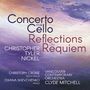 Texte: "Concerto for Cello", "Reflections on Requiem", "Christopher Tyler Nickel", "Christoph Croisé", "Oxana Shevchenko", "Vancouver Contemporary Orchestra", "Clyde Mitchell". Hintergrund: abstrakte Farbverläufe in Blau-, Lila-, und Beige-Tönen.