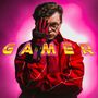 Text "GAMER" in gelber Neon-Schrift. Eine Person in roter Jacke und Handschuh, mit einem Auge bedeckt, vor pinkem Hintergrund.