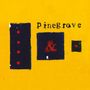 Text: "pinegrove". Gelber Hintergrund mit drei dunkelblauen Formen, eine enthält ein rotes "&".