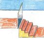 Illustration: Eine rote Treppe führt zu einem offenen Spalt, Hintergrund blau-weiß gefärbt, Boden orange.