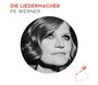 Text: "DIE LIEDERMACHER PE WERNER". Schwarz-Weiß-Porträt einer Frau in einem runden Rahmen, daneben rote Mikrofon-Skizze.