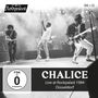 „CHALICE Live at Rockpalast 1984 Düsseldorf.“ Drei Musiker spielen leidenschaftlich auf einer Bühne. Oben links ein Logo.