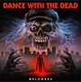 „DANCE WITH THE DEAD“ oben; „MALOMBRA“ unten. Illustration: Skelettkopf, Stadt-Silhouette, Hände, roter Mensch.