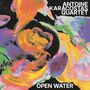 „ANTΟINE KARACOSTAS QUARTET“ und „OPEN WATER“ in weißer Schrift. Abstrakte Pinselstriche in Orange, Lila und Grün.