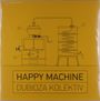 Text: "HAPPY MACHINE DUBIOZA KOLEKTIV". Illustration einer Destillationsapparatur auf gelbem Hintergrund.