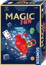 "Magic Fun: 35 Tricks. Zauber-Materialien wie Würfel, Ringe und Stab in lebhaften Farben vor blauem Hintergrund."