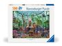 "500 Ravensburger Puzzle." Illustration eines üppigen Wintergartens mit bunten Blumen, Pflanzen und Gartenmöbeln.