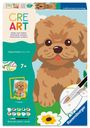 Text: "CREART", "Malen nach Zahlen", "7+", "10 acrylic paints + brush". Illustration eines niedlichen Hundes.