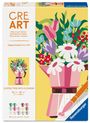 „CRE ART, Malen nach Zahlen, Original Quality Since 1975.“ Illustration: Blumen in rosa Kanne, Buntfarben daneben.