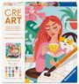 „CRE ART“, „Malen nach Zahlen“. Frau liest mit Katze, hält eine Teetasse. Farbenfrohes, stilisiertes Design.