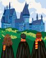 Drei Personen in schwarzen Umhängen und rot-golden gestreiften Schals stehen vor einem großen, blauen Schloss.