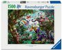 "1500 Ravensburger Puzzle" steht auf der Verpackung. Illustration eines bunten Dschungels mit Tieren, Drachen und Schmetterlingen.