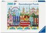 2000 Teile Ravensburger Puzzle zeigt London-Illustration mit Wahrzeichen und bunten Häusern. Schriftzug: "Welcome to London".