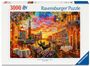 Text: "3000 Ravensburger Puzzle". Illustration eines romantischen Kanals bei Sonnenuntergang mit Gondeln und blühenden Terrassen.