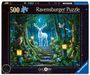 500 Teile, Ravensburger Puzzle, "Glow in the Dark". Ein weißer Hirsch im Wald mit Tieren und leuchtenden Laternen.