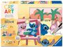 „CRE ART“ und „Disney Stitch“. Malen nach Zahlen Set mit zwei bunten Figuren, Palmen im Hintergrund. Ab 7 Jahren.