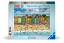 "1500 Ravensburger Puzzle, BEACH LIFE." Bunte Strand- und Stadtansicht mit vielen Menschen, Luftballons und einem Leuchtturm.