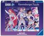 "1000", "Ravensburger Puzzle", "HUNTRX", "Netflix", "KPOP DEMON HUNTERS". Drei stilisierte, tanzende Figuren, farbenfrohe Outfits.