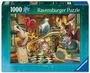 "1000 Ravensburger Puzzle" – Fantasiewesen in einer Bibliothek mit Büchern, Treppen, magischen Kreaturen, Schild "Closed".