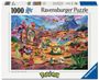 „1000 Ravensburger Puzzle“ und „Pokémon“. Eine bunte Landschaft mit verschiedenen Pokémon vor Vulkan und Ruinen.