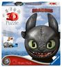 "3D Puzzle", "DRAGONS", "Stabil - ohne Klebstoff". Schwarzer Drachenkopf mit großen grünen Augen.