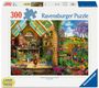 "Ravensburger Puzzle" zeigt ein buntes Gartenszenario mit Pflanzen, einem Huhn, einem Gewächshaus und ländlicher Landschaft.