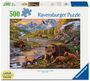 500 Ravensburger Puzzle. Eine farbenfrohe Illustration wilder Tiere in einer Berglandschaft mit Fluss und Wald.