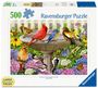 "500 Ravensburger Puzzle. Illustration von Vögeln auf einem Vogelbad, umgeben von bunten Blumen und Schmetterlingen."