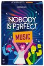 "NOBODY IS PERFECT", "MUSIC". Drei bunte Figuren mit Instrumenten. Fröhliche Szenen und Musiknoten umgeben sie.